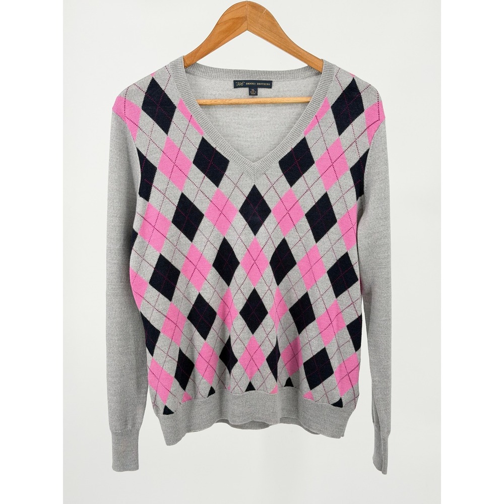 Brooks Brothers 346 Womens XL Merino Wool Argyle V Neck Sweater Gray Pink